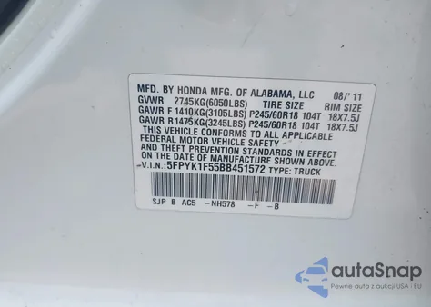 2011 Honda Ridgeline Rtl z USA, uszkodzony, nr VIN 5FPYK1F55BB451572